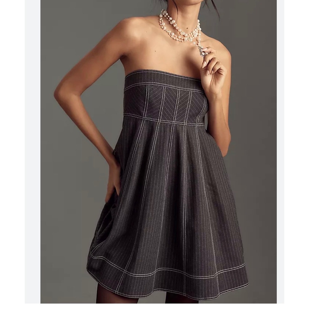 Anthropologie Pilcro Strapless Babydoll Mini Dress striped Y2K academia sz L‎